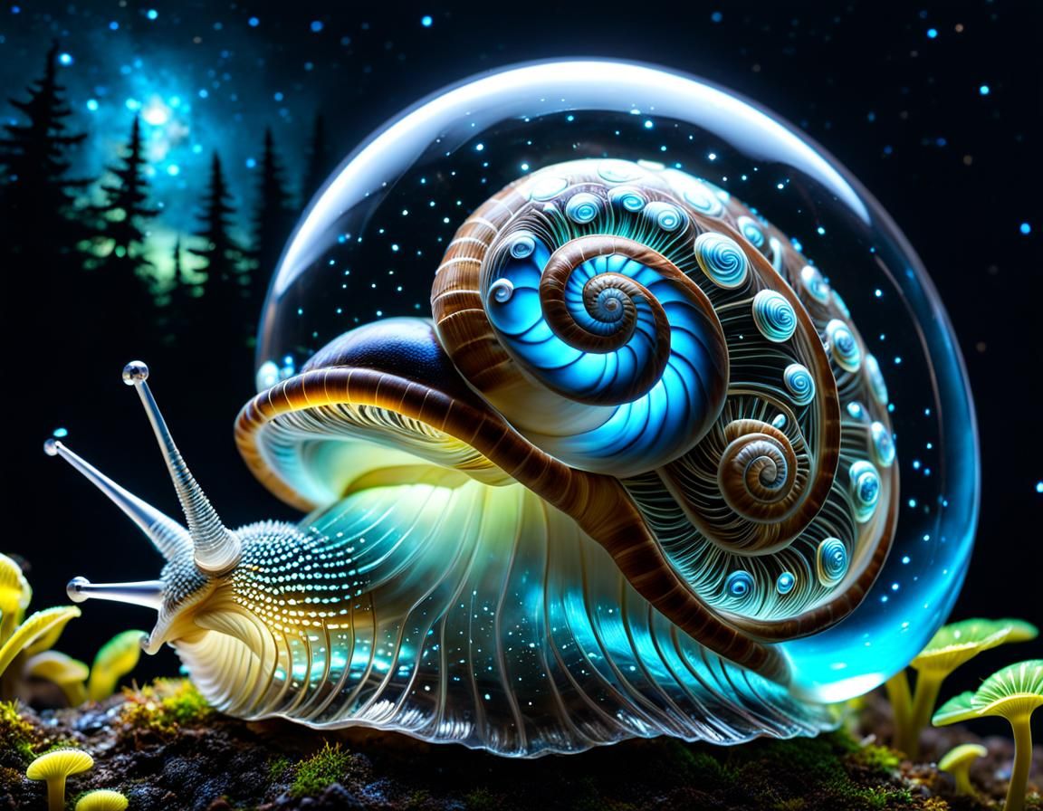 Bioluminescent Glass Snail Shell with Glowing Mushrooms