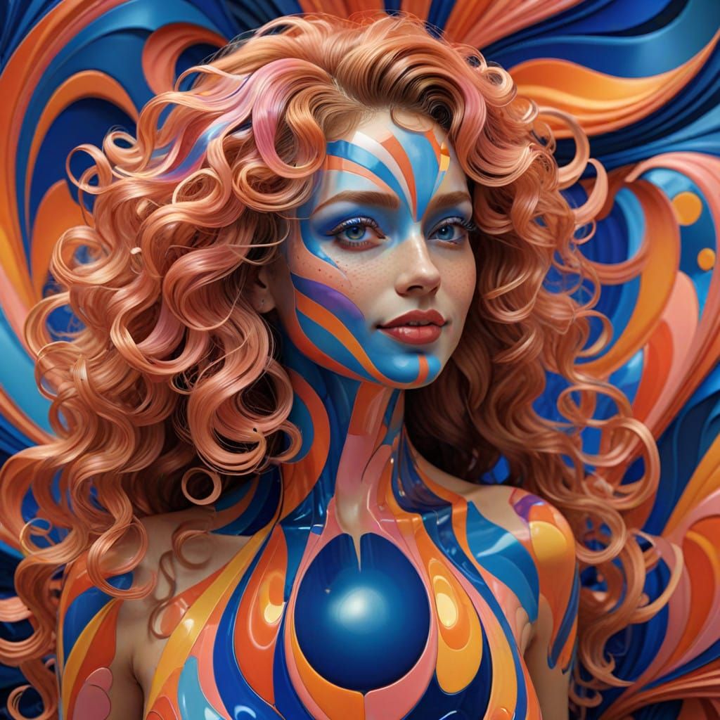 Elegant Woman in Geometric Art Deco Style with Wild Curly Ha...