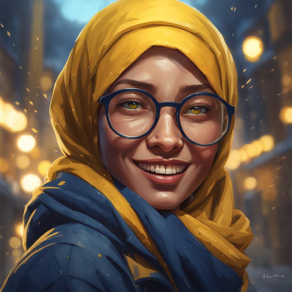 Girl with Yellow Hijab Portrait in Hyperdetailed Style