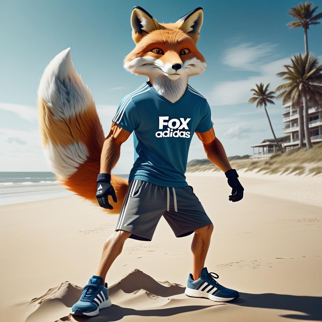 Fox Posing on Beach in Adidas Gear: Cinematic Still