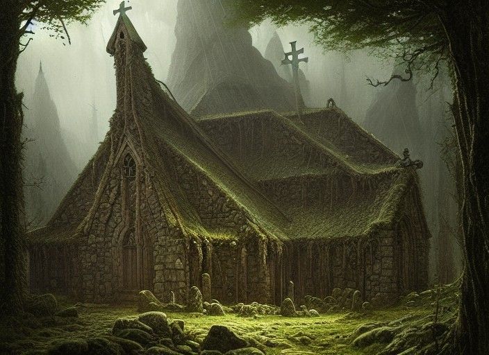 Viking Church in Lush Forest: A Detailed Matte Painting