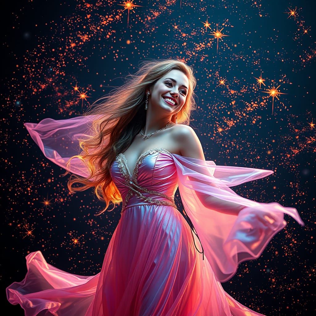 Celestial Woman in Flowing Gown with Stardust