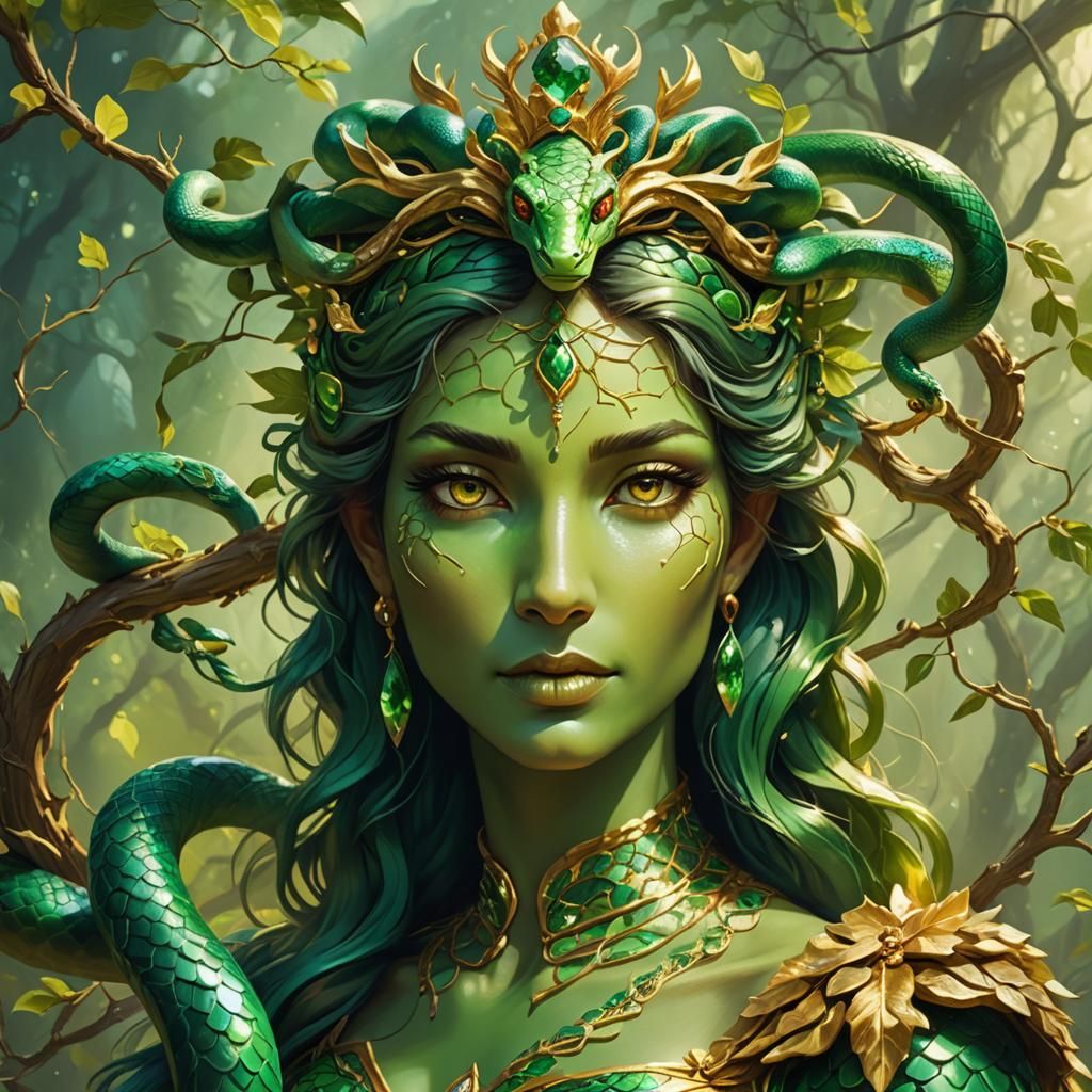Green Snake Goddess on Golden Branch, Digital Art