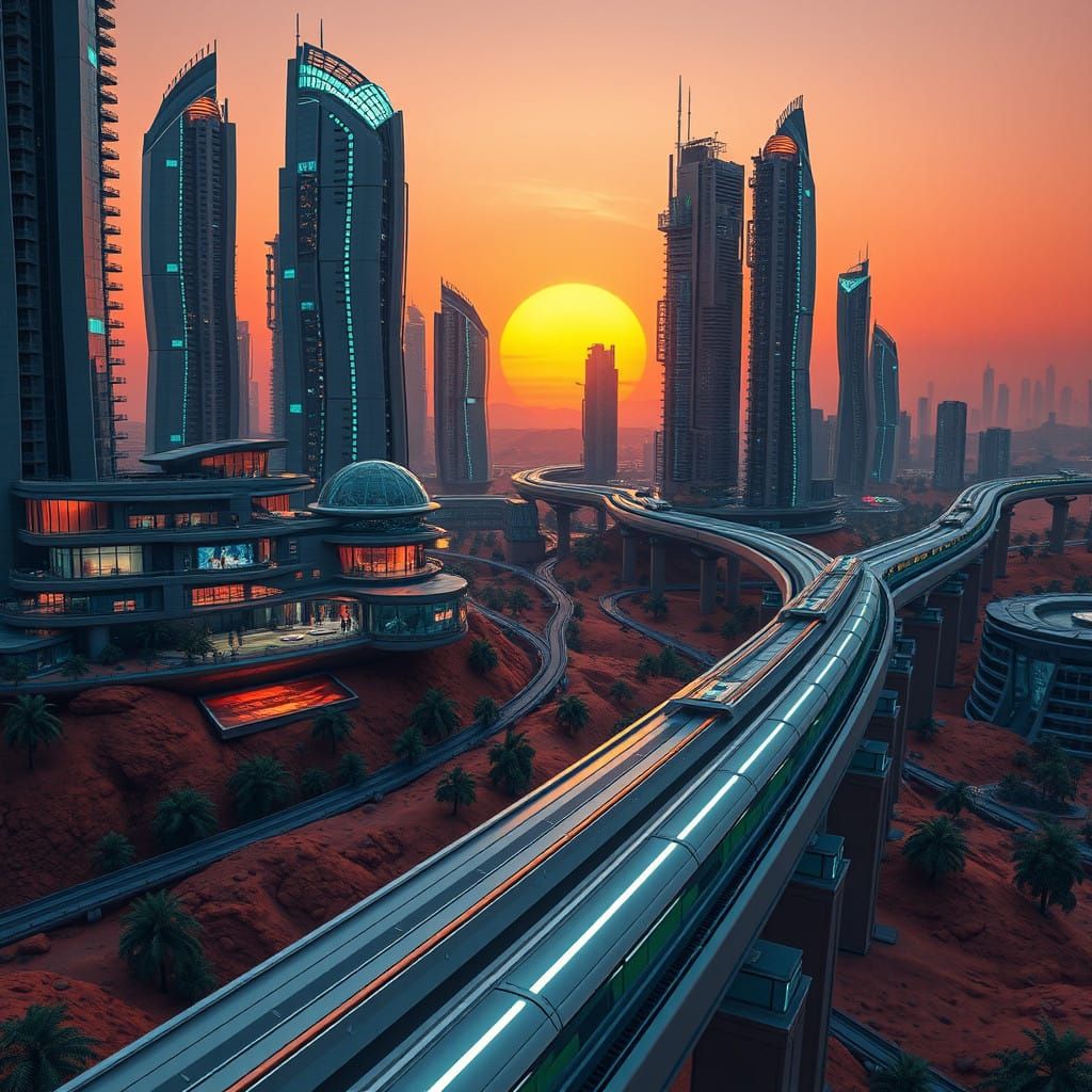 Sleek Mars Colony Cityscape at Dusk with Hyper-Realistic Sky...