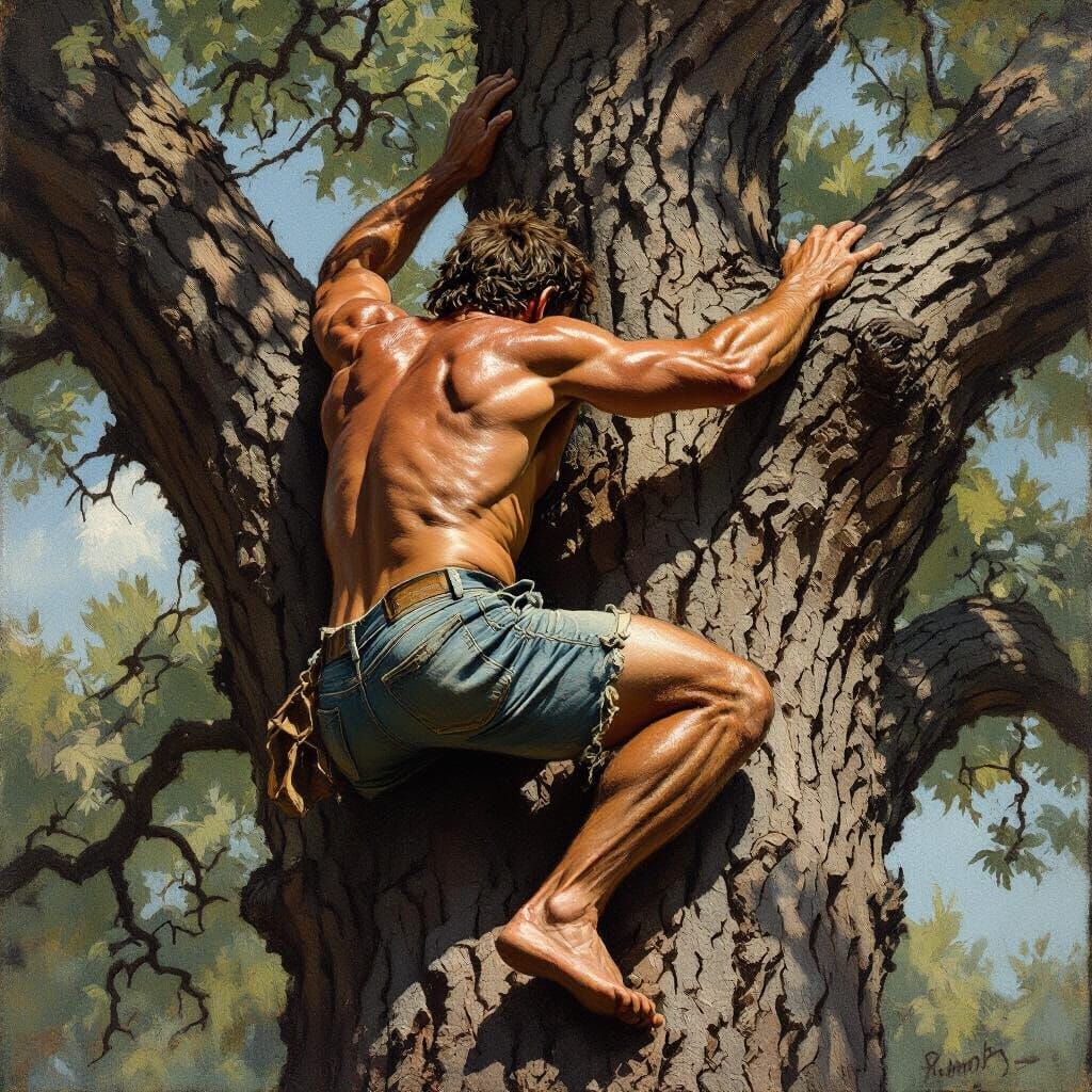 Weathered Man Climbs Oak Tree in Realistic Oil Painting