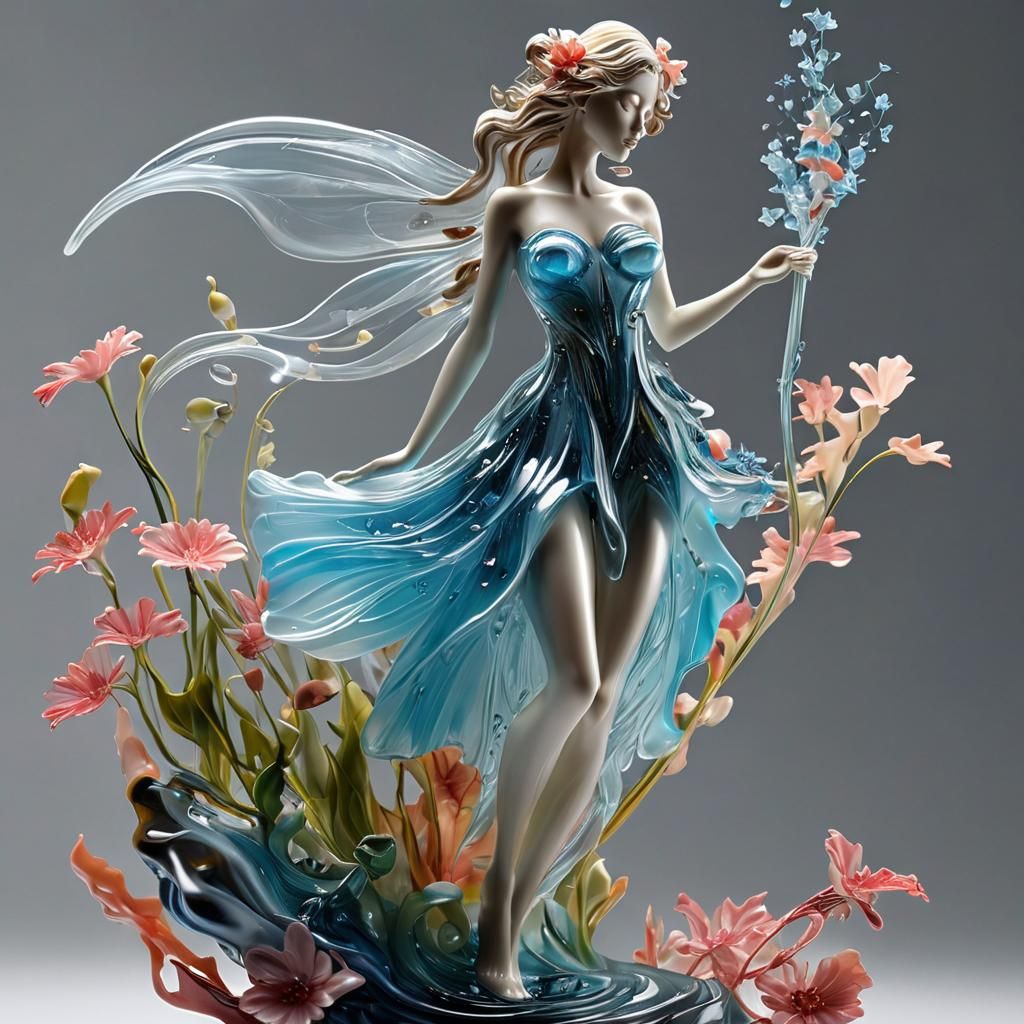 Futuristic Glass Fairy Figurine in Floral Dress