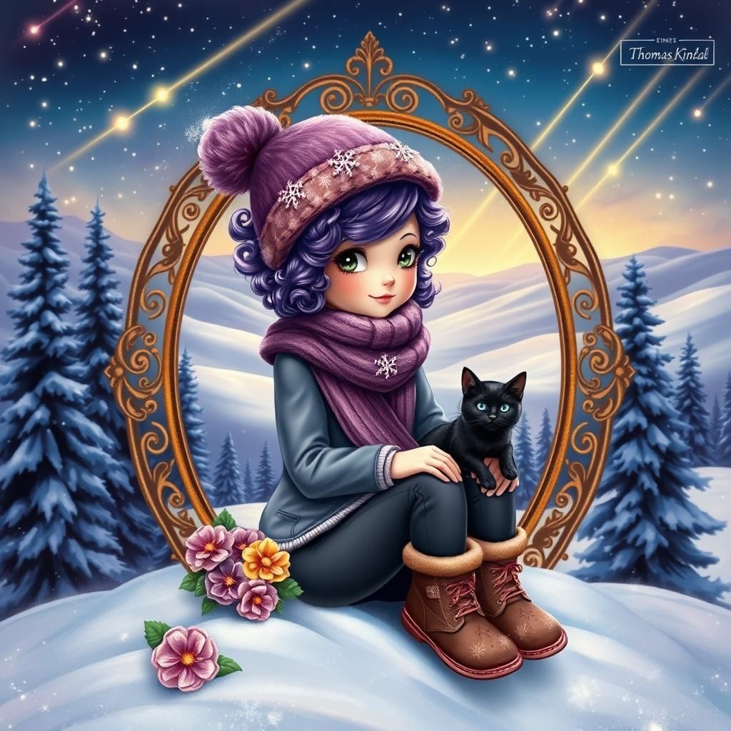 Magical Winter Girl with Cat in Kinkade Style