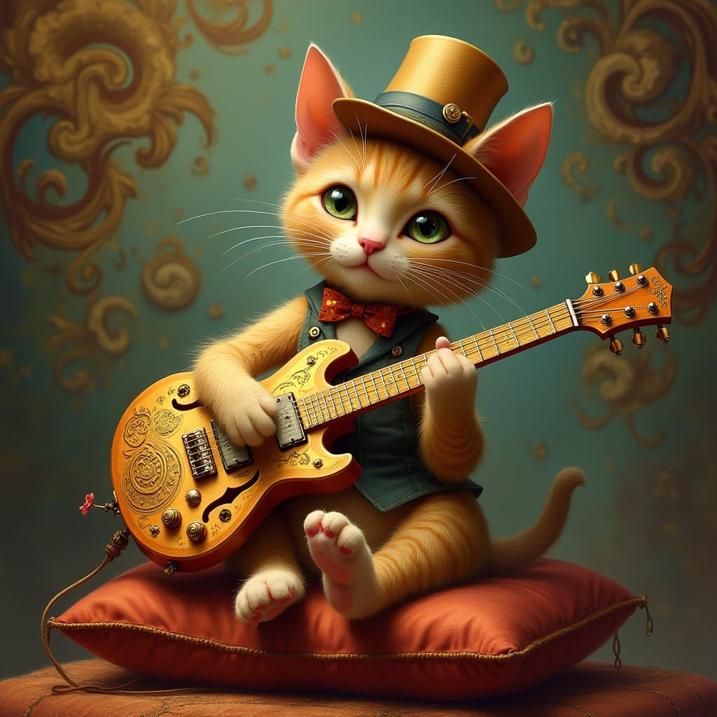 Whimsical Cat Plays Vintage Guitar in Dreamlike Setting