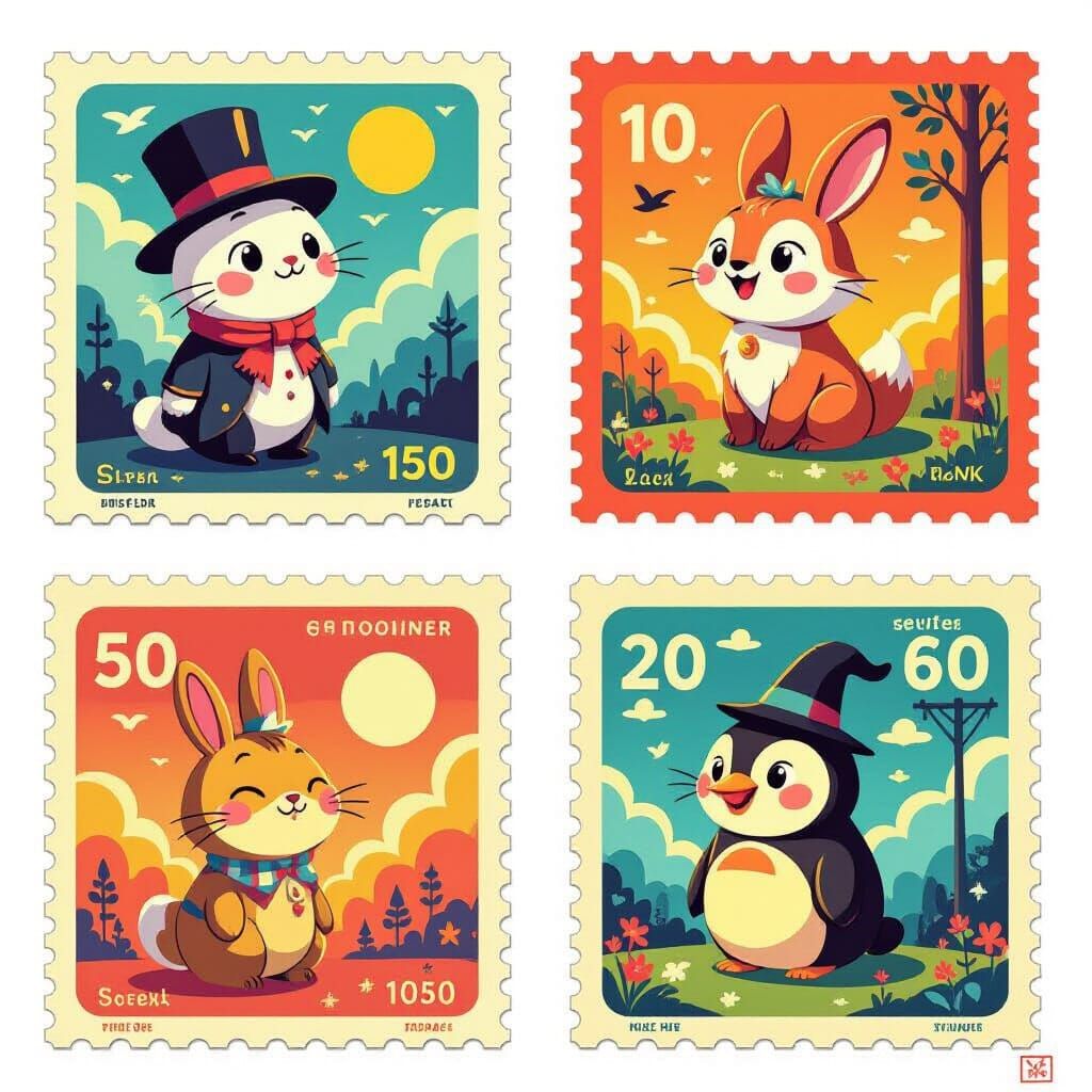 Whimsical Characters on Colorful Postage Stamps in Digital A...