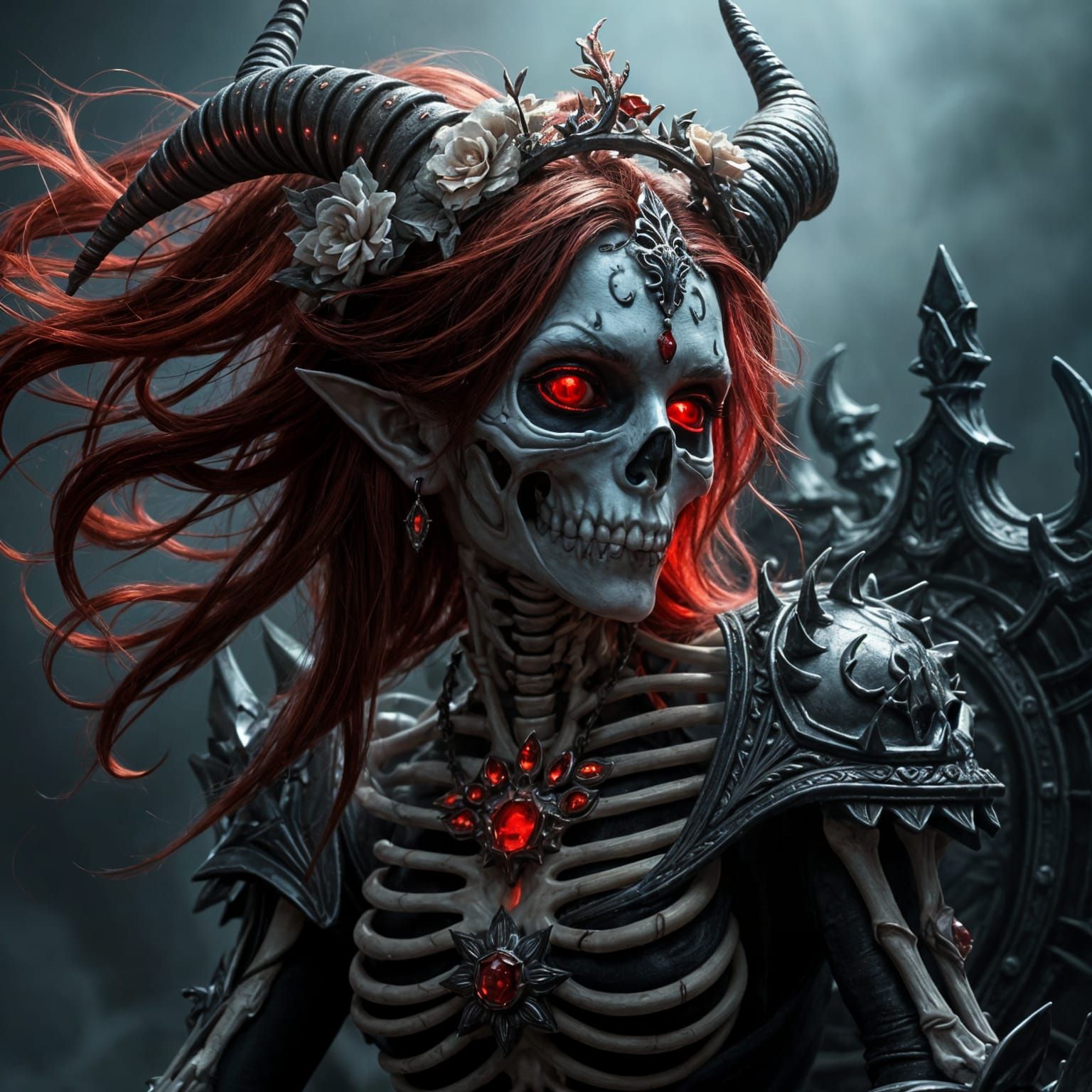 Ethereal Lich-Demon Portrait with Red Hair and Glowing Eyes
