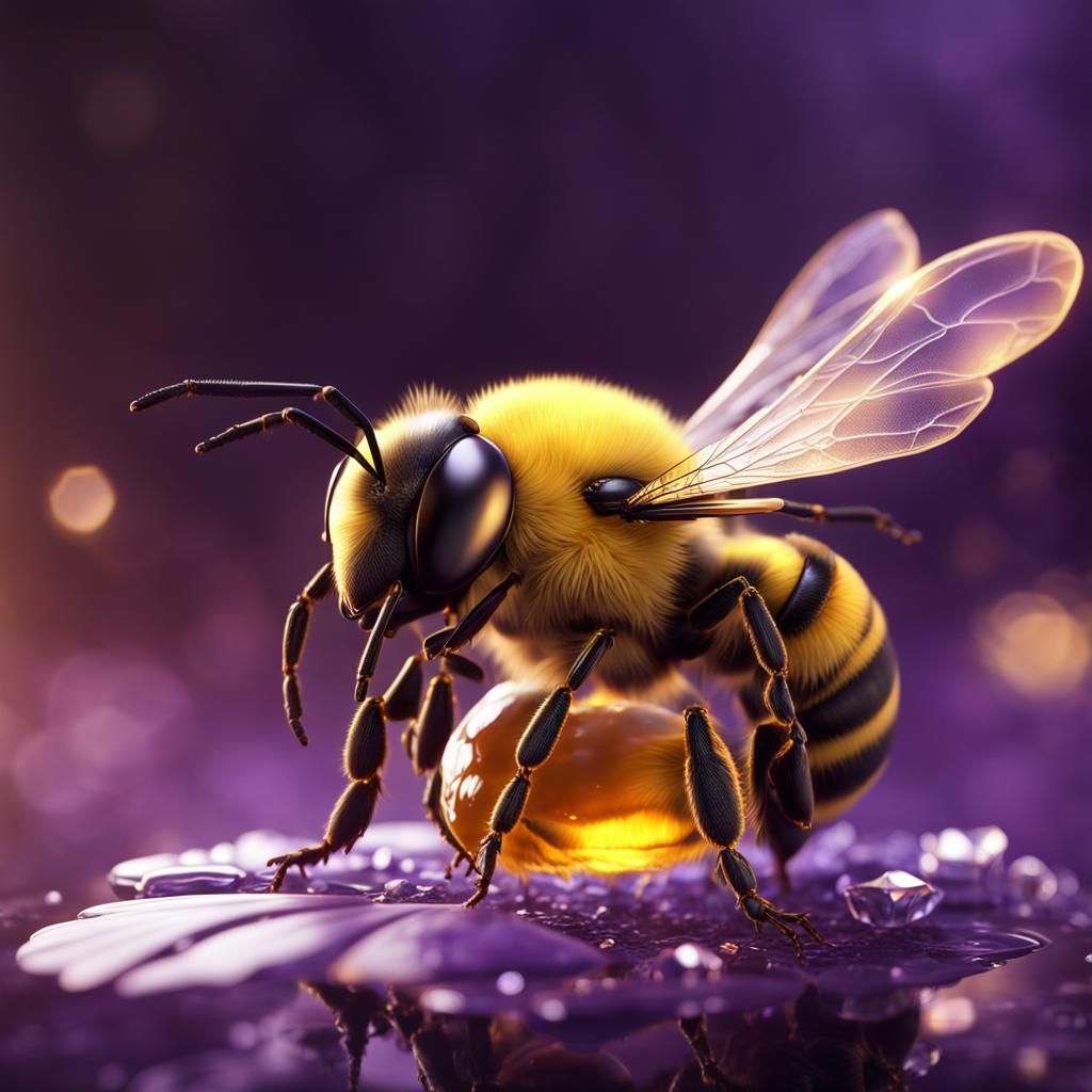 Crystal Winged Bee on Honeycomb in Detailed Digital Art