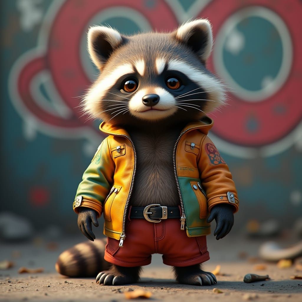 Chubby Raccoon in Colorful Leather Jacket, Urban Graffiti Ba...
