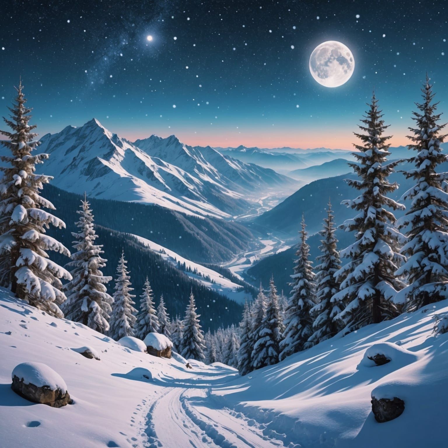 Ethereal Winter Mountain Snow Scene by Amaringo