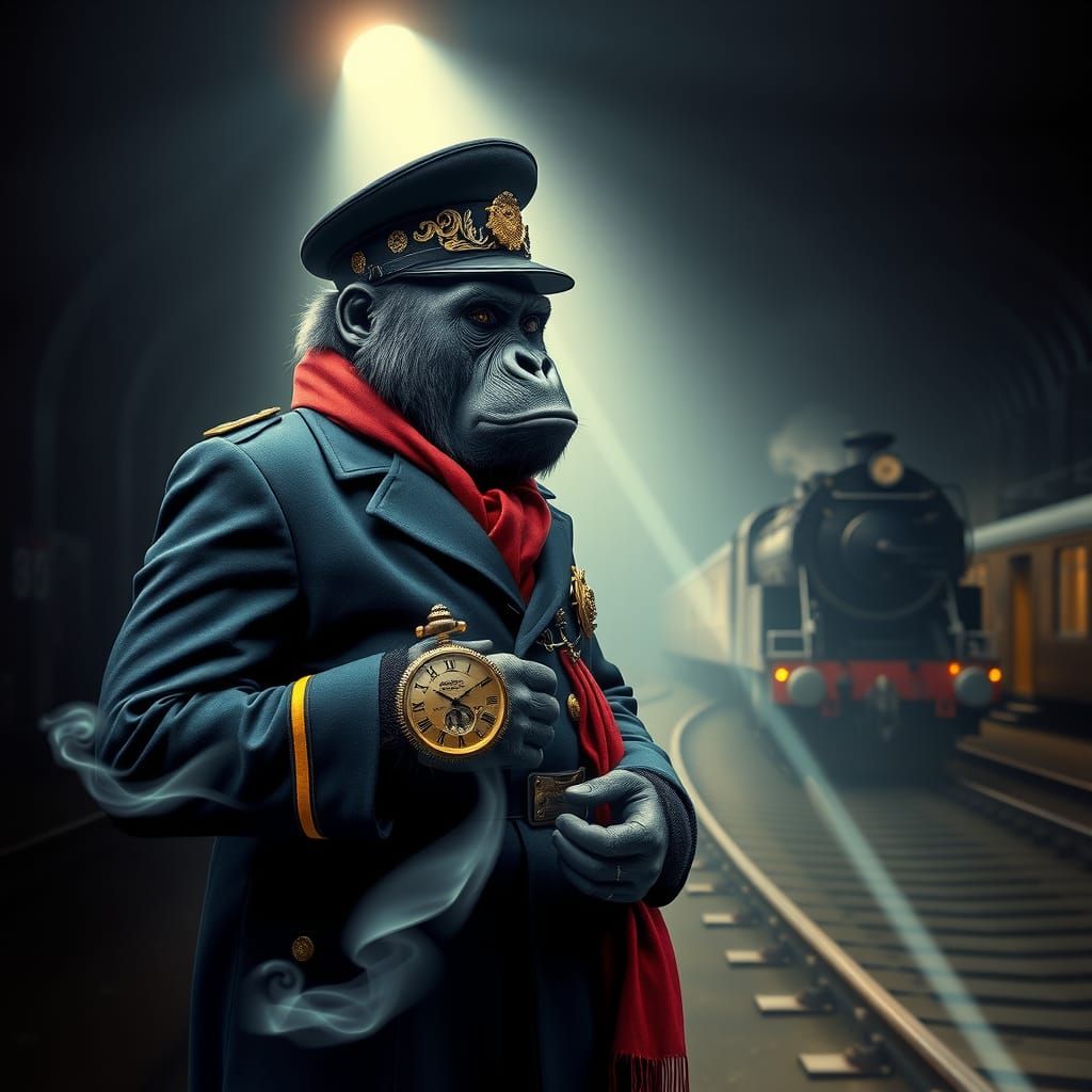A gorilla train conductor stands in a railway station, holdi...