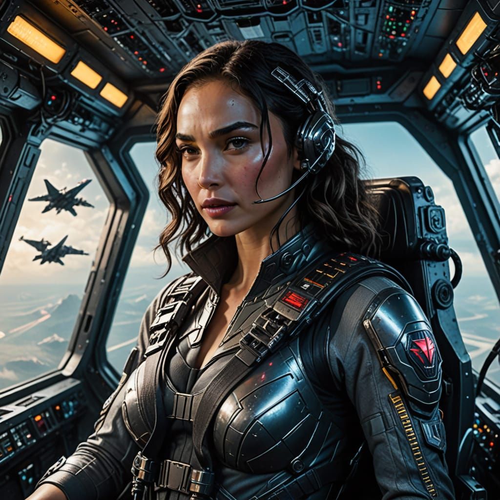 Cyberpunk Pilot Gal Gadot in Space Fighter Cockpit