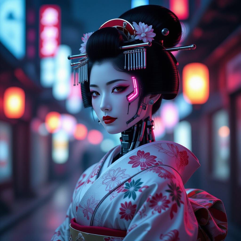 Cybernetic Geisha with Neon Accents in Hyperrealistic Detail