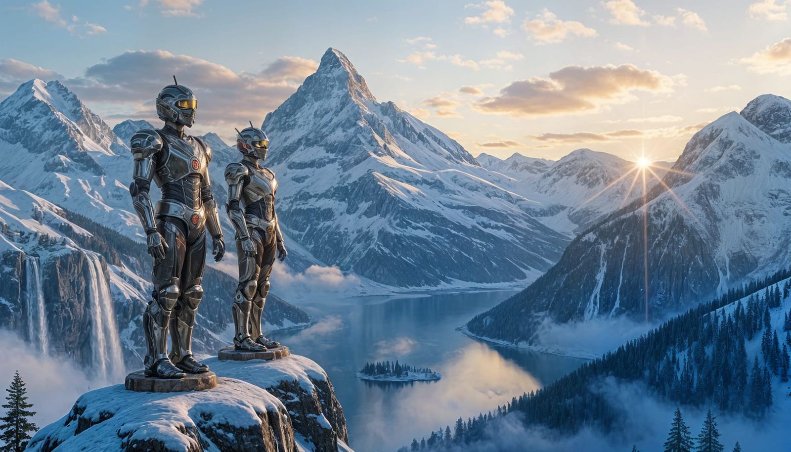 Brass Automata Guarding Snowy Mountain Peak at Double Sunset