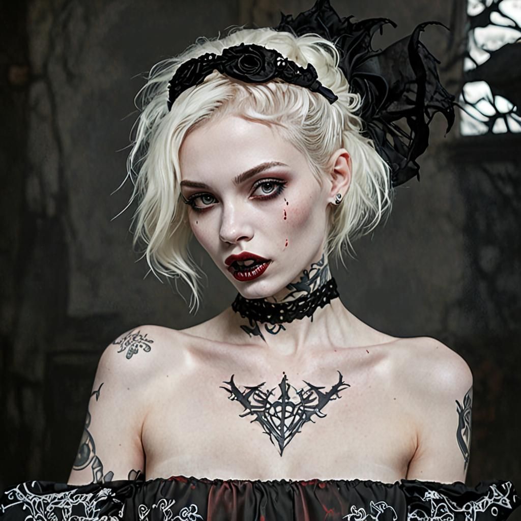 Pale-skinned woman, underweight, beautiful, gaunt, vampire, fangs, open mouth, blood down chin and arms, black velvet ta...
