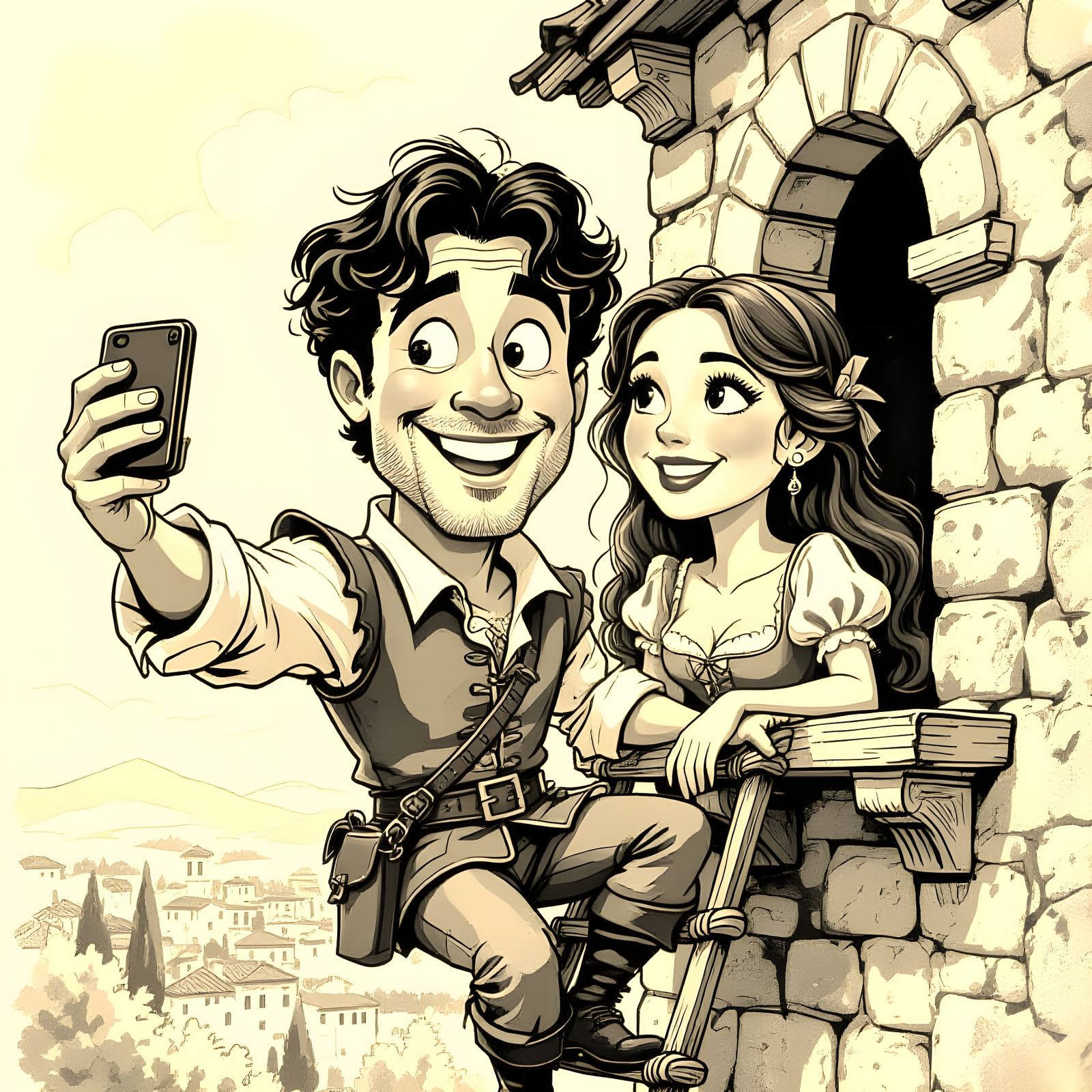 balcany selfie caricatures of romeo & juliet, ink sepia draw...