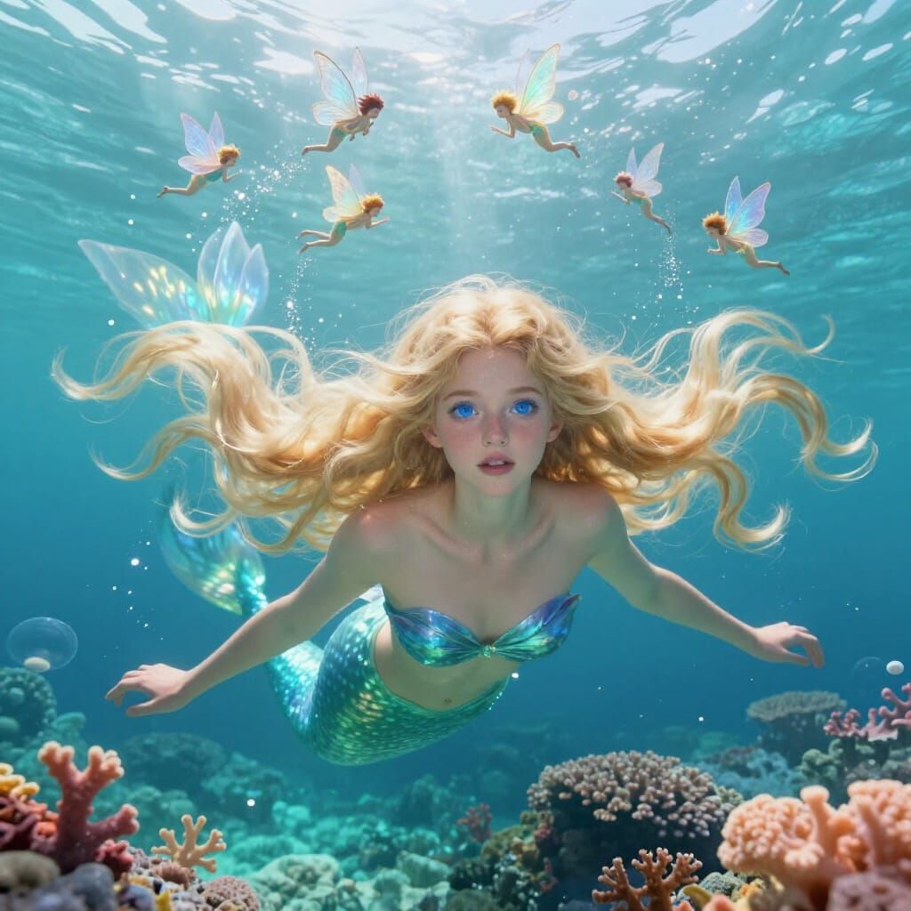 Mermaid with Fairies and Elves in Ethereal Sea