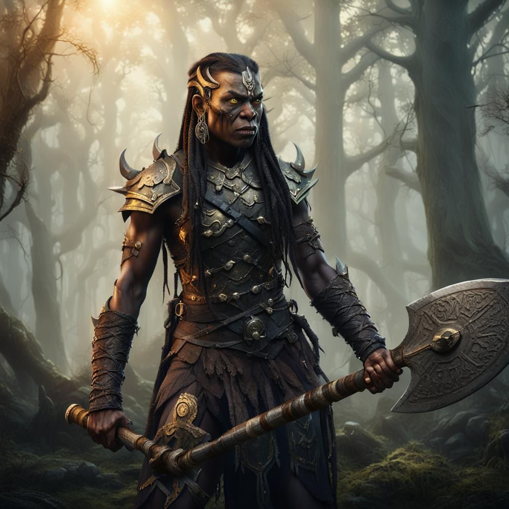 Onyx Barbarian Woman in Mystical Forest, Fantasy Art