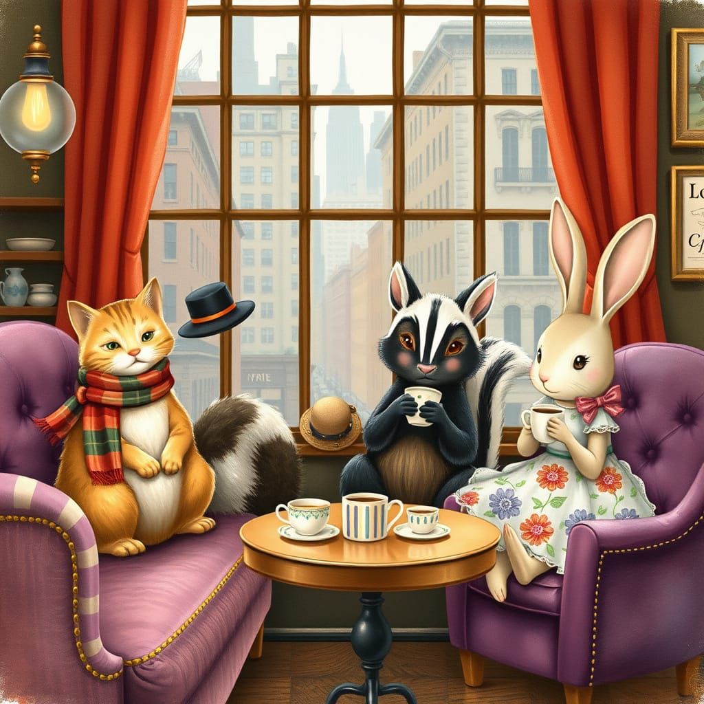 Animals Enjoying Coffee in New York, Whimsical Style