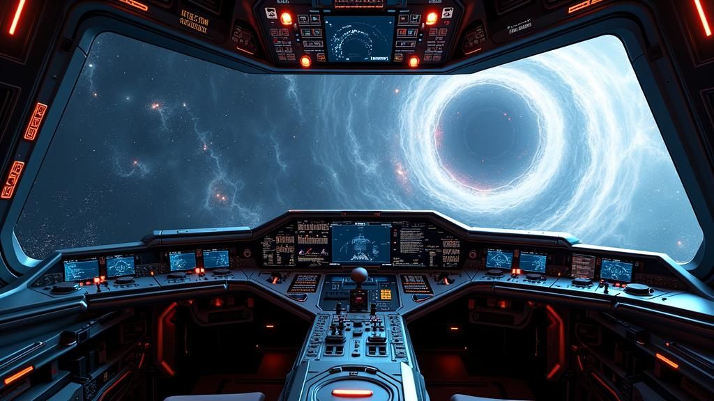 High-Tech Spaceship Cockpit Near a Swirling Wormhole