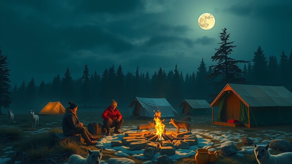 Moonlit Campsite Scene in Detailed Oil Painting