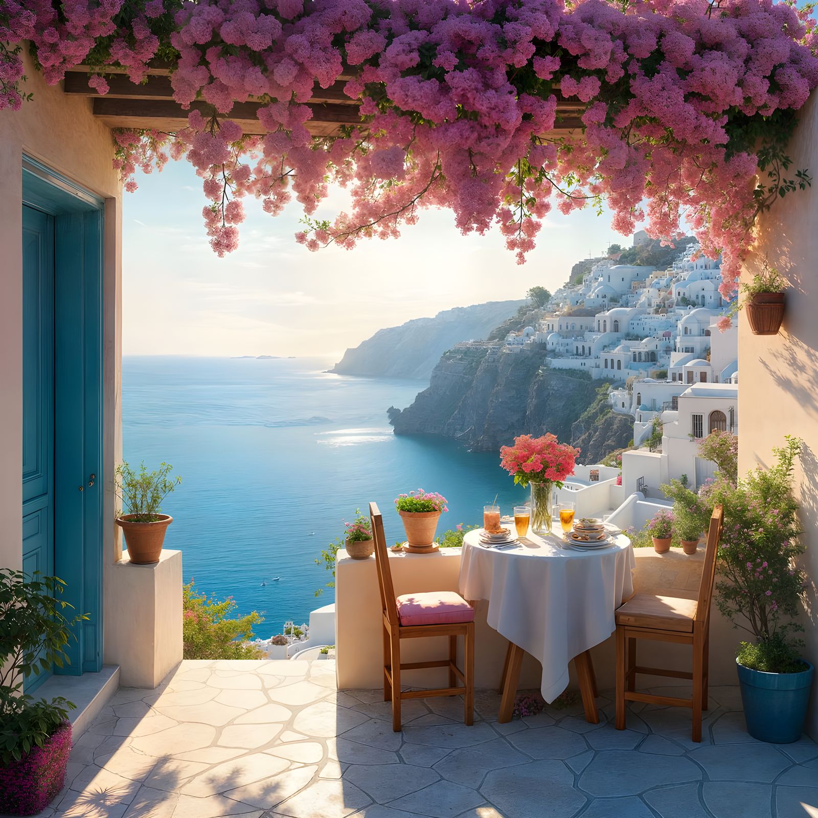 Bougainvillea Canopy Cafe in Santorini