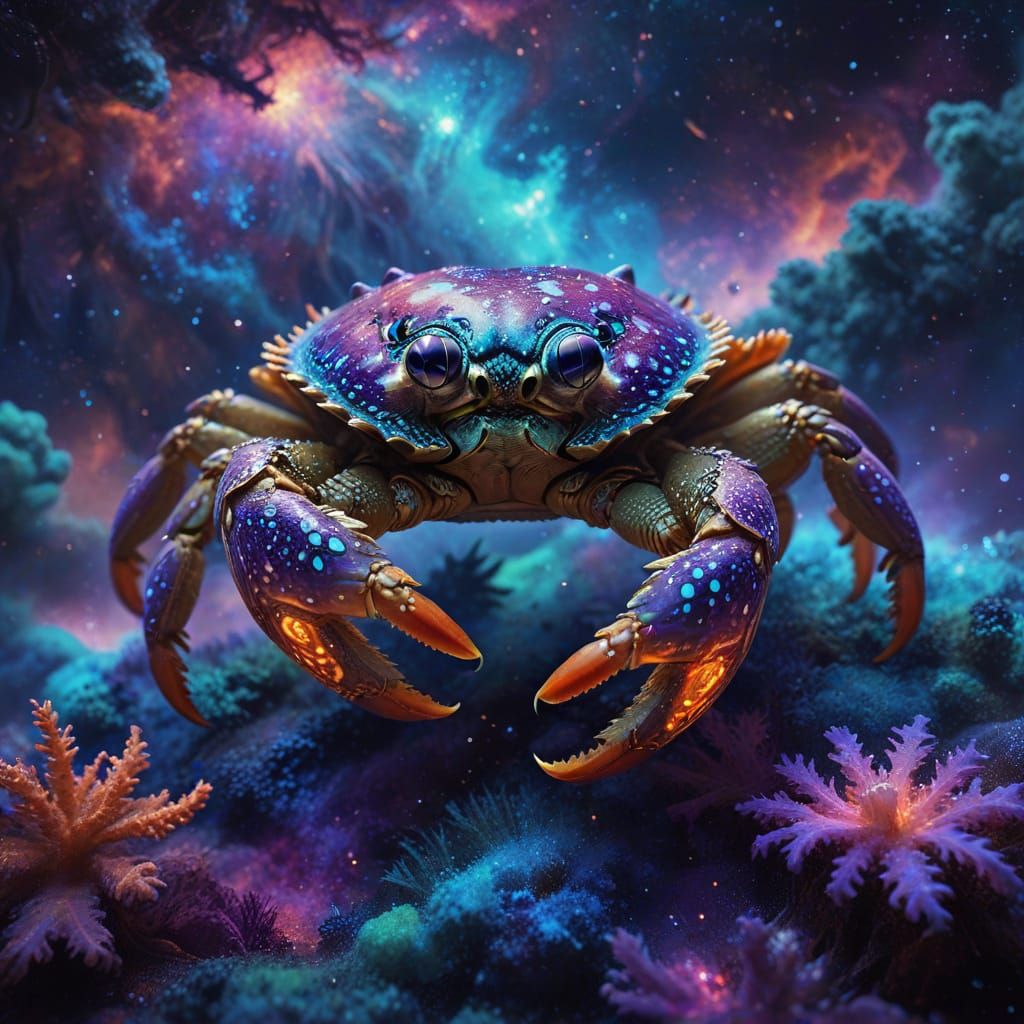 Dreamlike Digital Painting of a Bioluminescent Coral Crab in...