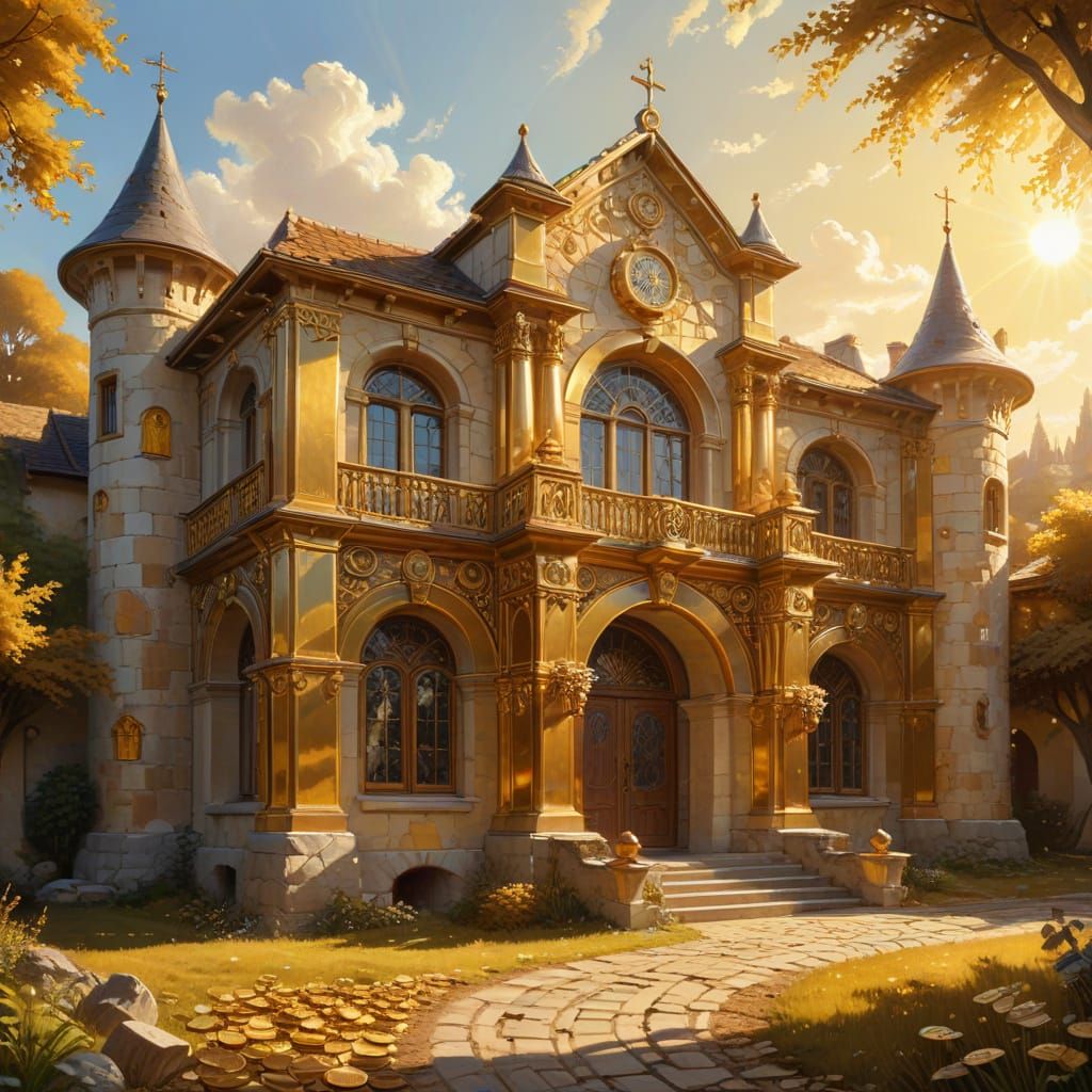 Golden Art Nouveau Manor Shines in Sunlight