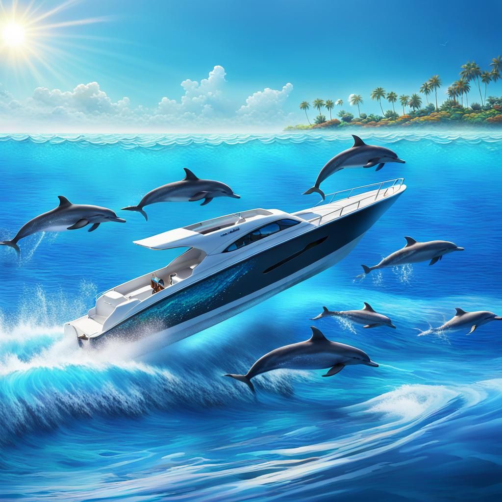 Sleek Boat and Dolphins in Vibrant Fantasy Ocean