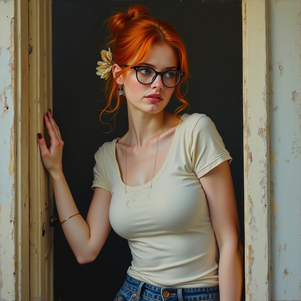 A homely but cute woman with ginger hair and a sly grin, wearing a couture t-shirt and a tiger lily behind her ear, stan...