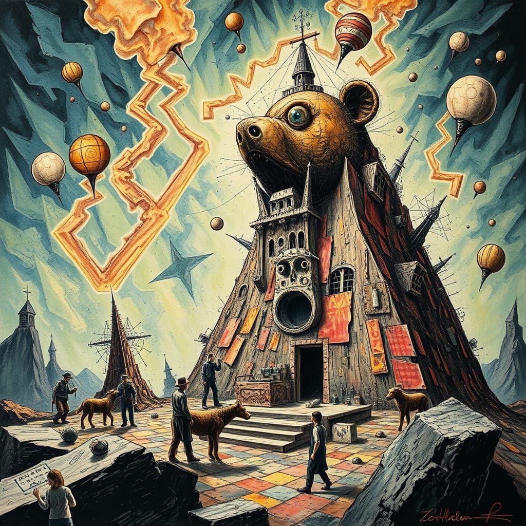 Surreal Brutalist Half-Bear Pyramid in Impasto Style