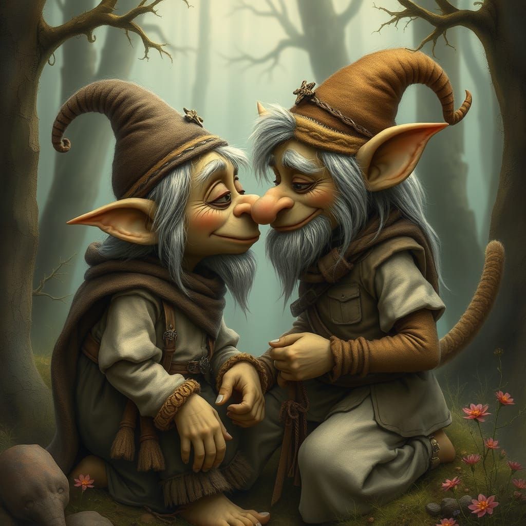 Troll Couple's Tender Moment in Mystical Forest