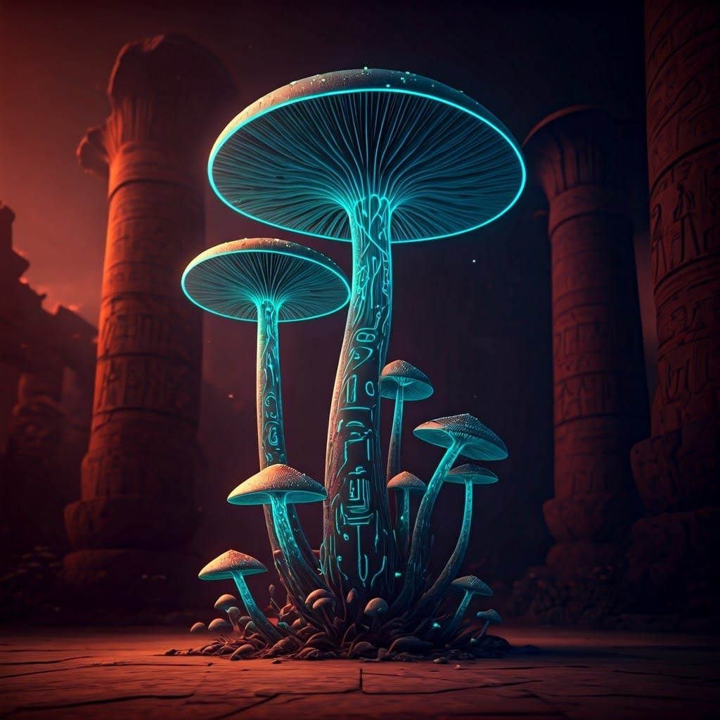 Neon Mushrooms on Egyptian Columns: Detailed Matte Painting