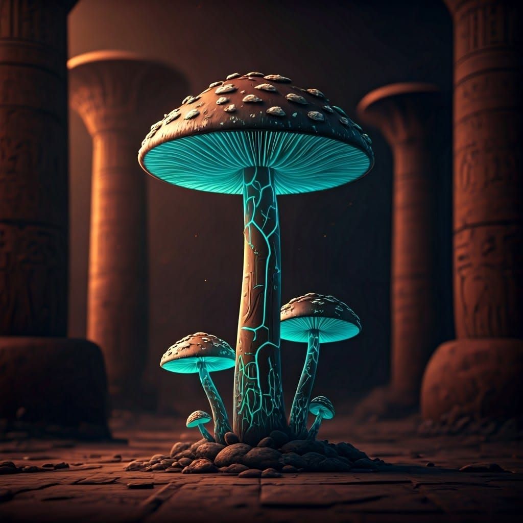 Glowing Mushrooms on Egyptian Columns: Fantasy Concept Art