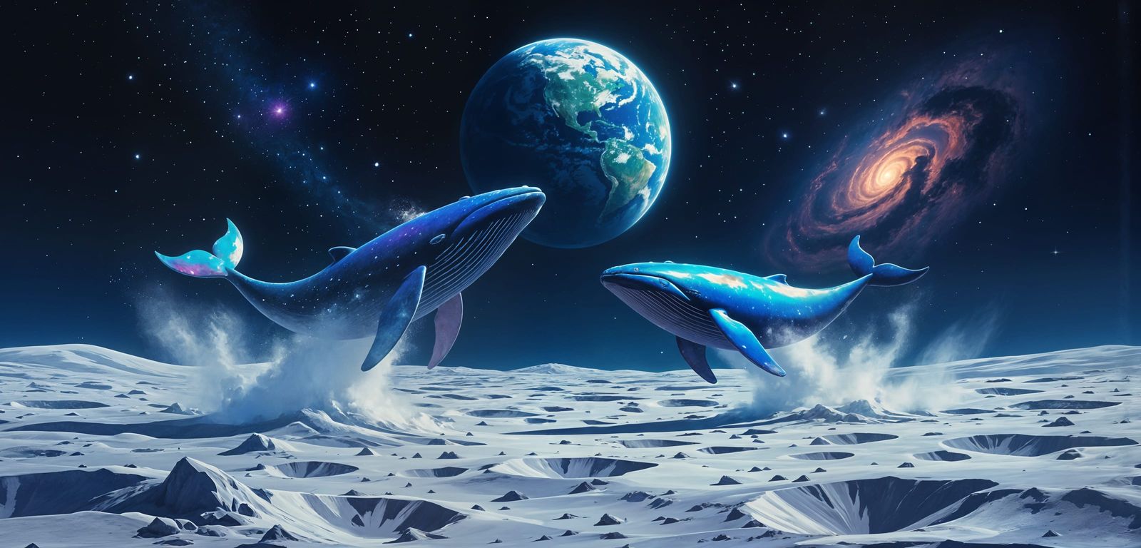 Lunar Whales Breaching Craters Under Earth Sky