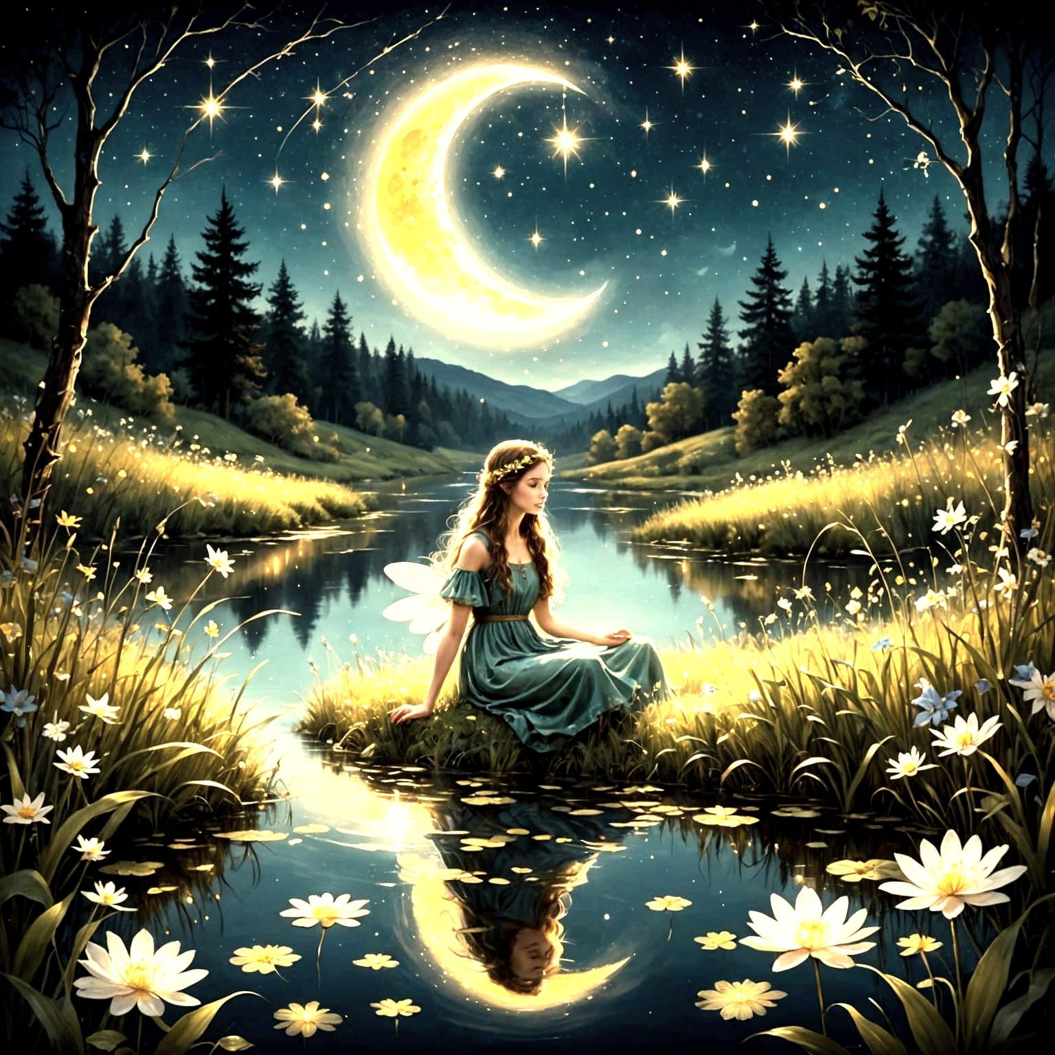 Moonlit River Scene with Fairy and Fireflies