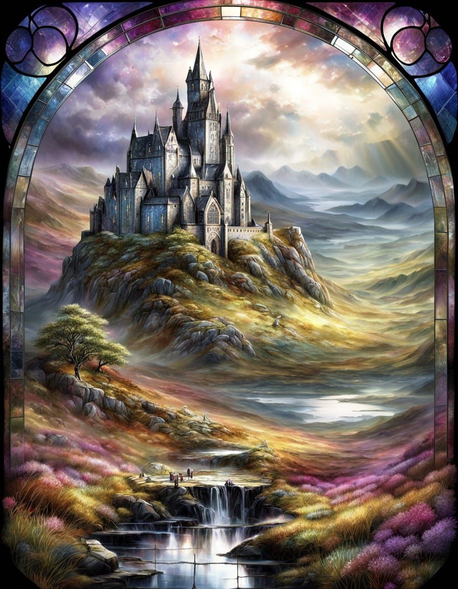 Breathtaking Scottish Moor Landscape in Stained Glass Style