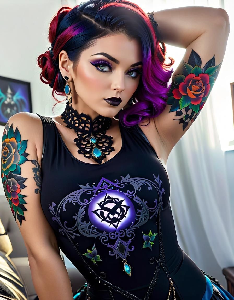 Gothic Woman with Intricate Tattoo in Rococo-Horrorcore Styl...