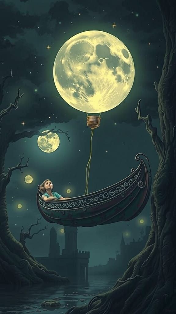 Surrealist Goddess Adrift in a Whimsical, Mystic Lake at Moo...