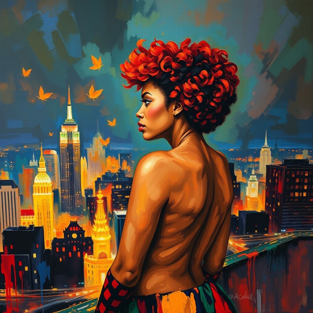 Autumn Night Cityscape with Redhead Woman