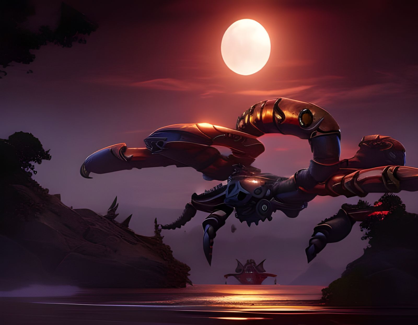 Steampunk Crab on Mangrove Beach at Sunset