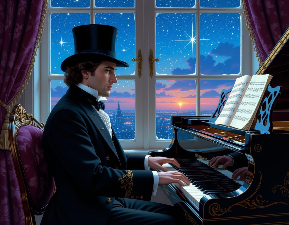 Chopin at Piano on Starry Night, Hyperrealistic Digital Art