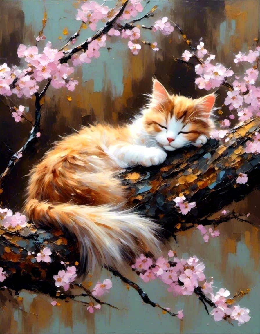 Sleeping Cat on a Cherry Blossom Tree