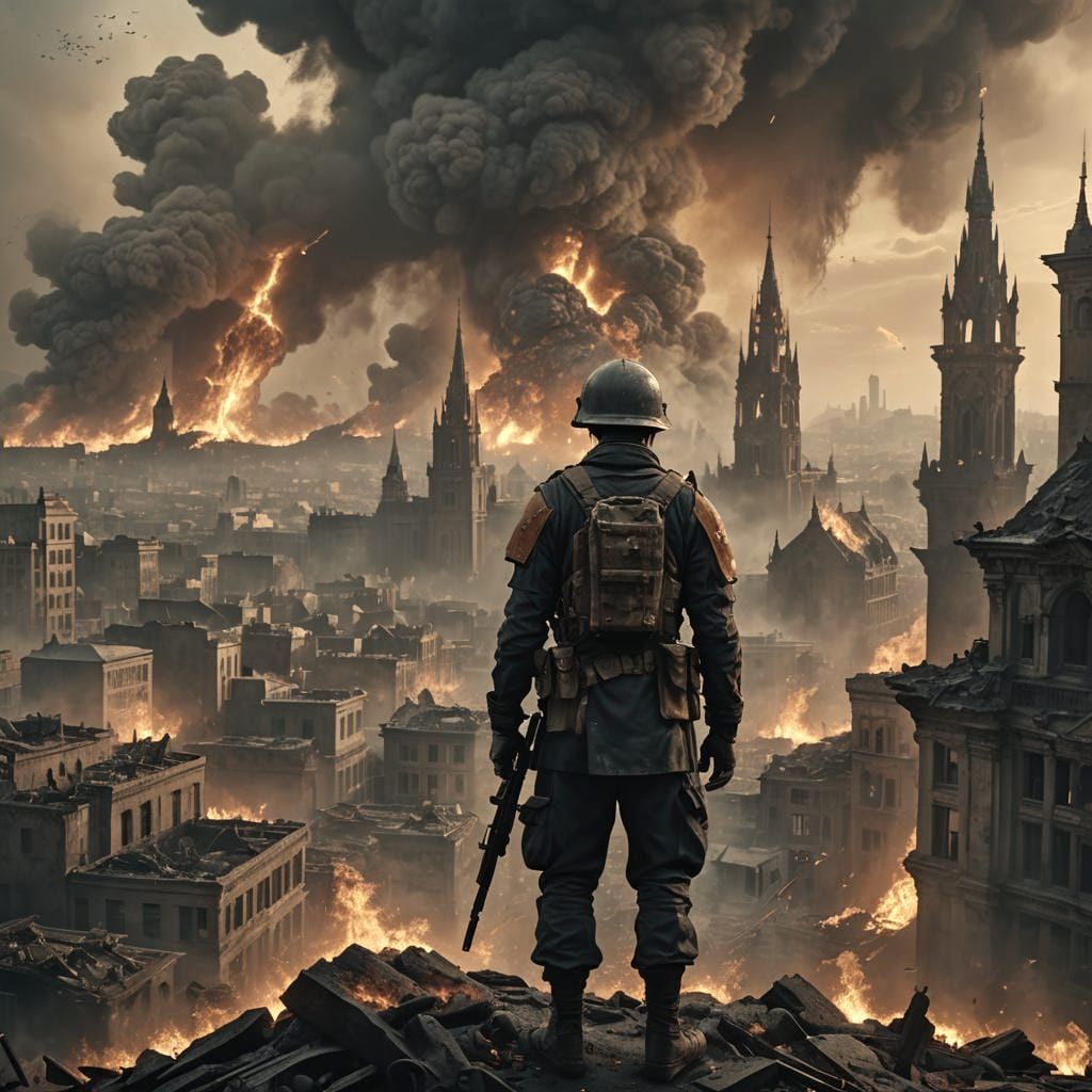 Wounded Soldier Stares at Burning City Horizon