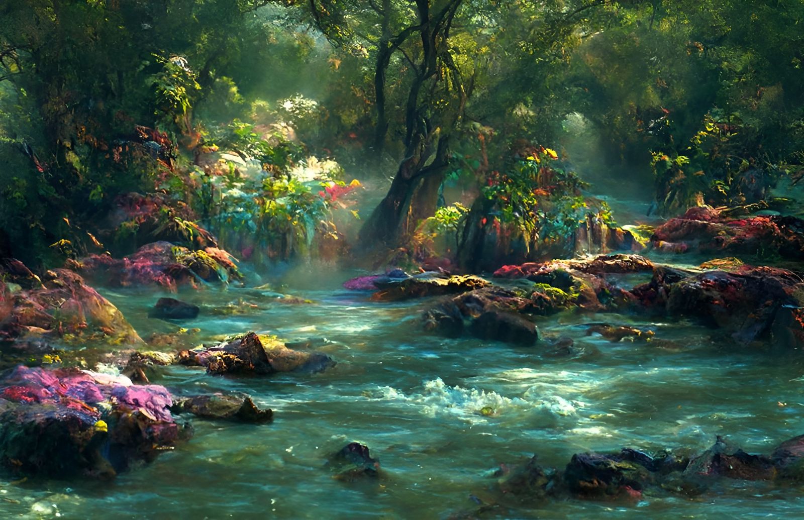 Enchanted Jungle Stream in Romanticism Oil Painting