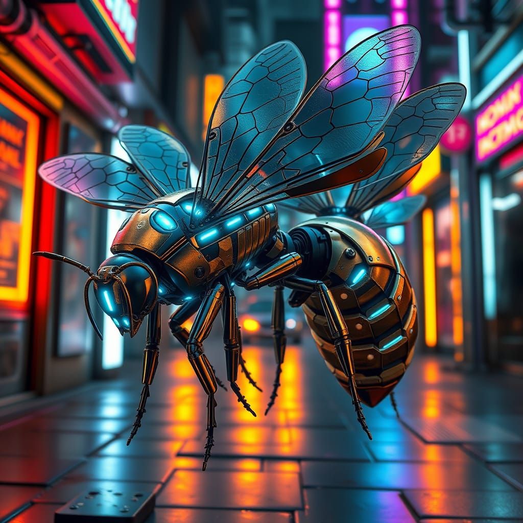 Cyberpunk Mechanical Bees with Glowing Circuits