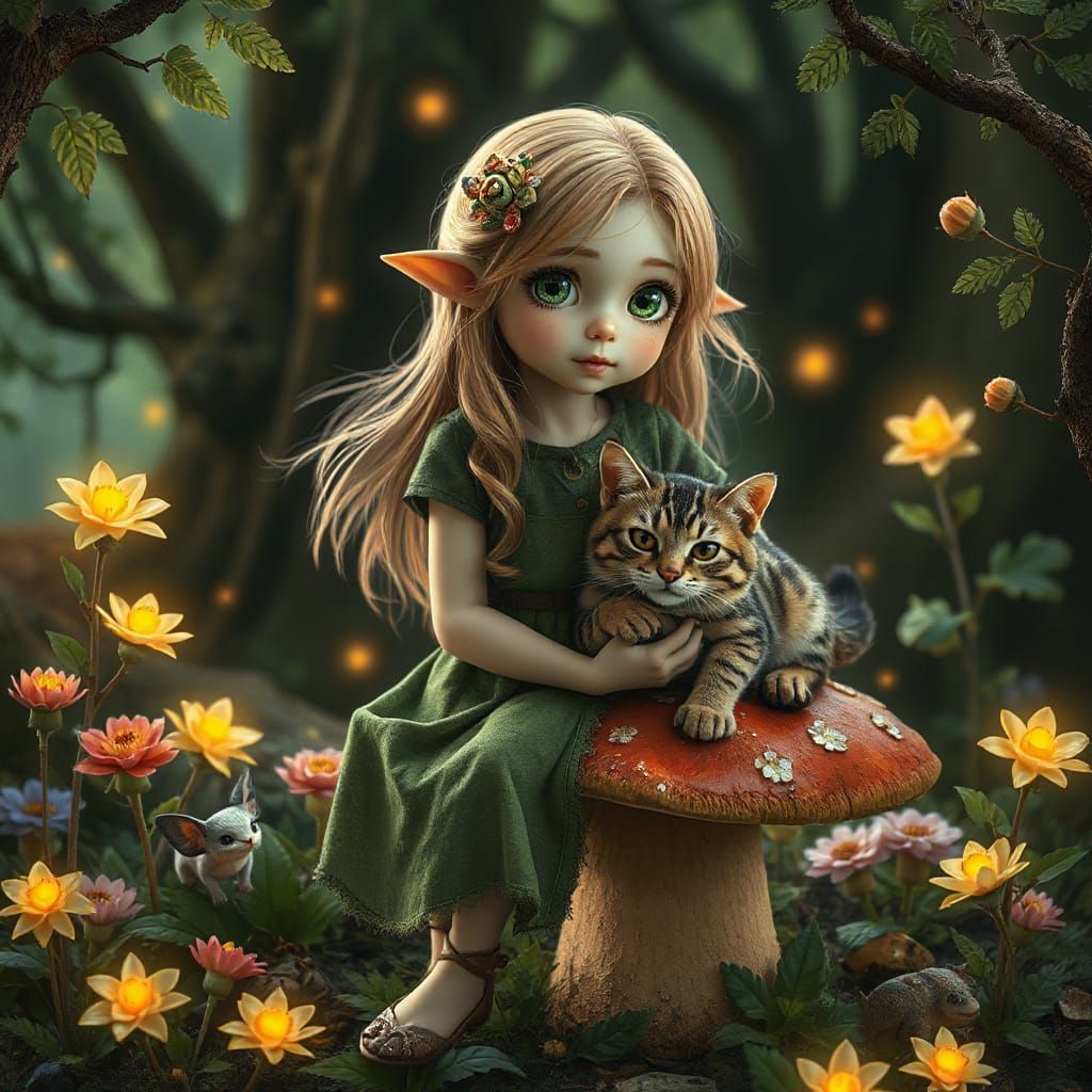 Enchanted Forest Scene with Elven Girl and Whimsical Creatur...